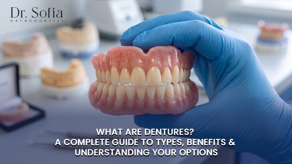 Dentures showing different types of removable artificial teeth used to restore missing teeth, improve chewing, and enhance smiles.