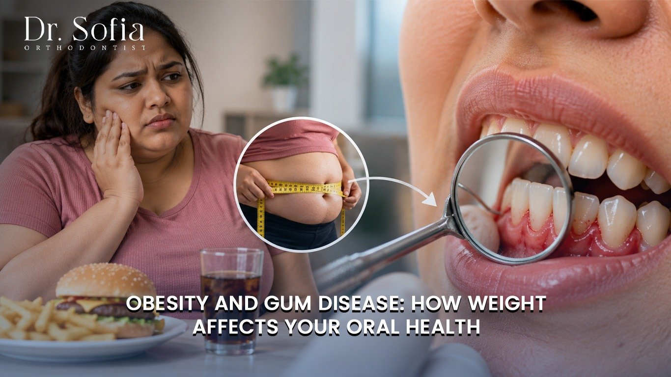 Illustration showing the connection between obesity and gum disease and how excess body weight may affect gum health.